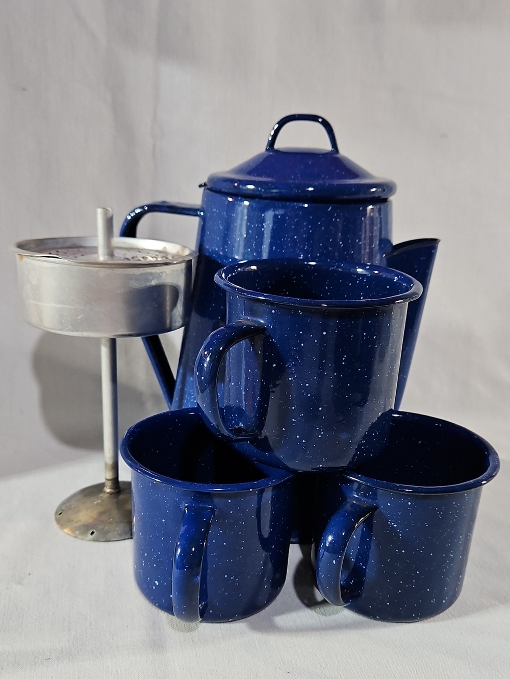 Classic Blue Speckled Enamel Coffee Pot with Perculator & Three Mugs